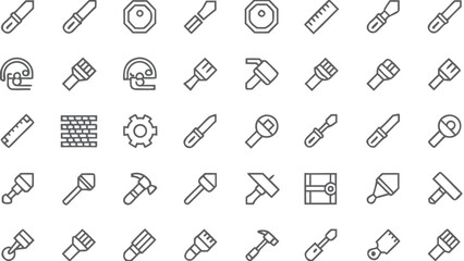 Construction Tool Outline Icons Set | Hammer, Trowel, Ruler, Paint Brush, Gear, Brick Pattern, Measuring Tape, and Safety Equipment for Builders, Engineers, Contractors, and DIY Projects in Minimal 