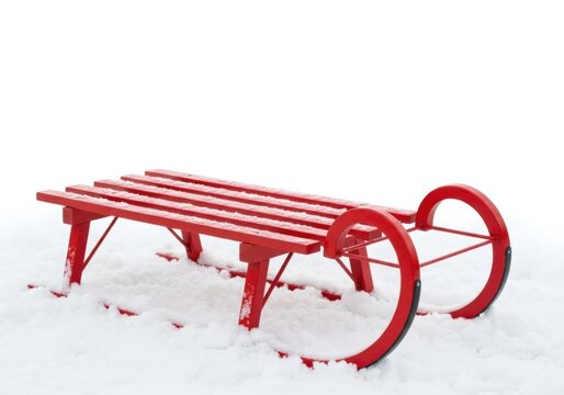 A classic red wooden sled with a bench seat rests in the snow, evoking winter fun and traditional outdoor activities - Powered by Adobe