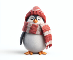 Fototapeta premium Adorable cartoon penguin in a red hat and scarf, perfect for winter greetings.