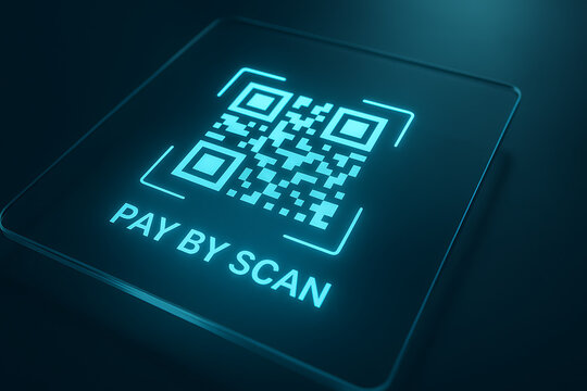 Glowing QR code payment interface, scan to pay digital technology, futuristic neon blue fintech concept, mobile wallet transaction system, secure electronic commerce, cashless fast checkout display

