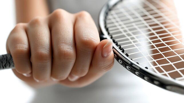 Close up of hand gripping tennis racquet for sports fitness and recreation equipment for tennis player