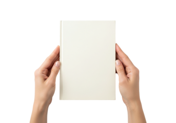 Photo of woman holding a blank white book cover mockup with her hands on an isolated background isolated on transparent background