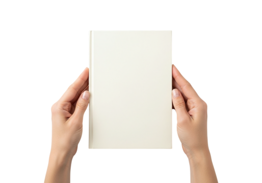 Photo of woman holding a blank white book cover mockup with her hands on an isolated background isolated on transparent background - Powered by Adobe
