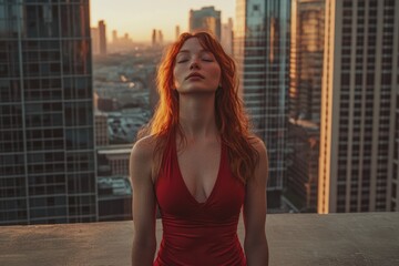 Fototapeta premium Redhead woman in red dress on rooftop, eyes closed, enjoying sunset cityscape.