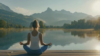 A woman is seen from behind meditating in seated position on wooden deck. A tranquil lake reflects mountains in distance, with serene, calming atmosphere at dawn or dusk