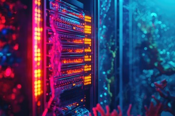 A vibrant close-up of a server rack, glowing with colorful lights, showcasing the intricate details of modern technology.