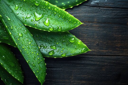 Fresh aloe vera leaves with water droplets on dark wooden background. Natural skincare concept.