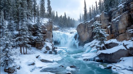 Winter wonderland scenery of frozen waterfall and snowy forest landscape nature photography travel destination