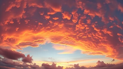 Fototapeta premium Dramatic sunrise and sunset sky with vibrant clouds, showcasing warm and cool color contrasts in a panoramic view.