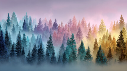 Obraz premium Vibrant Foggy Forest with Colorful Trees and Mist – Surreal Nature Landscape