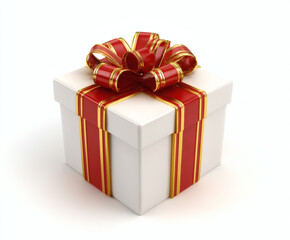Obraz premium A beautifully wrapped gift box with a vibrant red and gold ribbon.