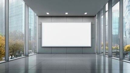 Blank White Billboard Inside Modern Office Building with City View, Mockup Advertisement Space