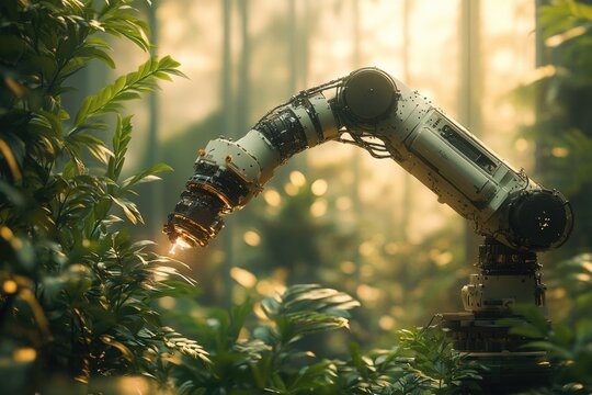 A robotic arm, possibly for precision agriculture, interacts with plants in a lush forest setting. - Powered by Adobe