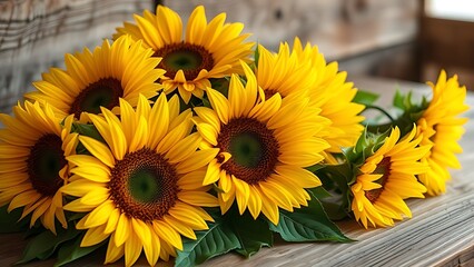 Fototapeta premium Close-up of vibrant sunflowers on a wooden surface, radiating warmth and rustic charm.