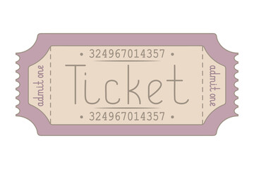 Pink ticket admit one. Handwritten lettering. Color vector illustration. Tear-off ticket with number. Isolated white background. Flat style. Idea for web design.