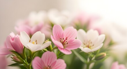 Obraz premium Close up of a cluster of pink and white flowers with green stems and a soft blurred background