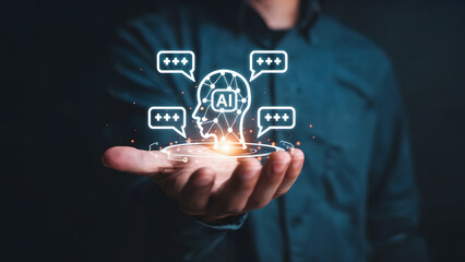 digital illustration of AI technology in a hand, communicating with people through a chat network and generative intelligence