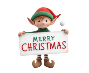 A cute Christmas elf holding a "Merry Christmas" sign, spreading holiday cheer.