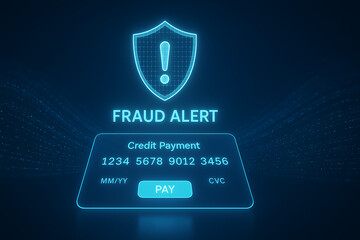 Fraud alert warning on digital payment interface, neon shield security icon with credit card data breach notification, cybersecurity threat protection for online banking and electronic transactions

