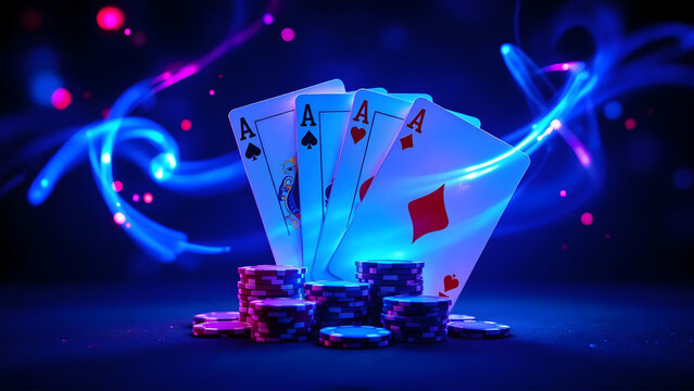 Four Aces Poker Cards and Chips with Abstract Neon Lights Effect