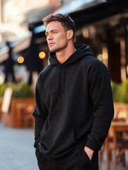 Man wearing mock up blank black cotton hoodie on city street background. Clothing template for branding or logo