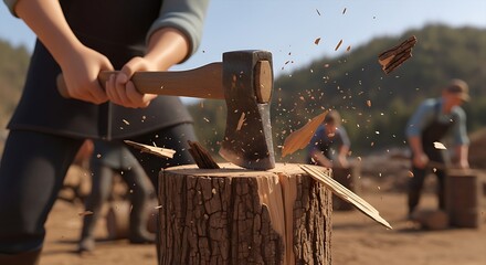 Chopping wood with an axe
