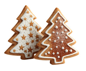 Two beautifully decorated gingerbread Christmas tree cookies, perfect for the holidays.