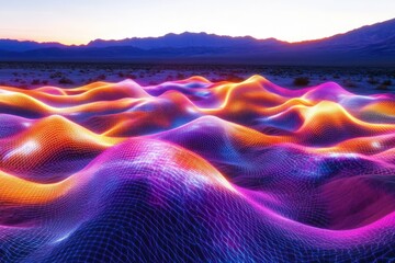 Vibrant, glowing wireframe landscape at sunset, resembling digital dunes against a mountain backdrop.