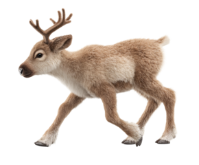 A delightful reindeer calf walks gracefully, showcasing its adorable features and winter charm.