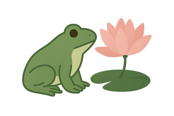 Cartoon green frog with pink lily flower on transparent background concept of cute pond life
