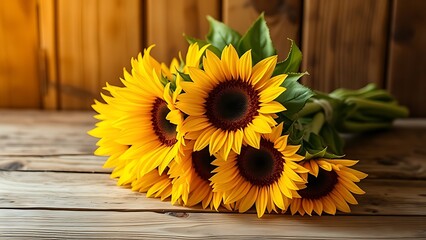 A sunflower bouquet arranged on a rustic wooden surface, glowing with warm golden tones under natural window lighting.