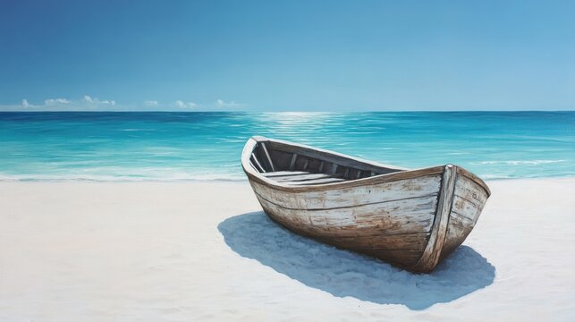 Wooden boat on sandy beach, ocean background, summer calm, travel poster