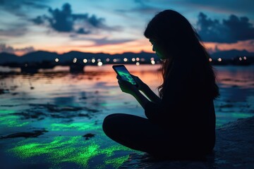 Silhouetted woman sits by bioluminescent water at sunset, using her phone.