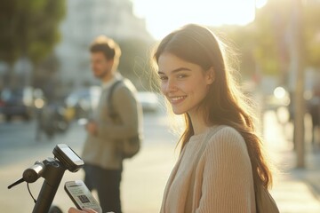 A smiling young woman uses a smartphone to unlock an electric scooter on a sunny city street.