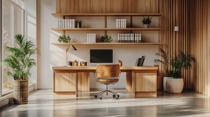 Fototapeta premium Modern office room with desk, chair, bookshelves, plants, window and ambient light
