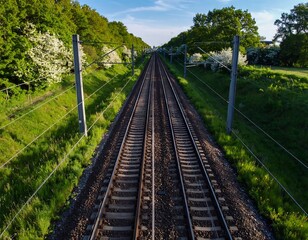 Fototapeta premium Two railway tracks stretching into distance, lined by greenery and trees