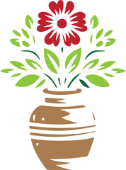 Floral Vase Vector Illustration – Red Flower and Green Leaves in a Pot