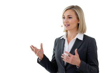 Professional Woman in a Suit Gesturing Openly Empowering Communication