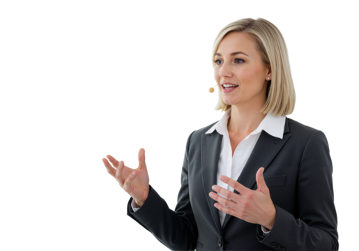 Professional Woman in a Suit Gesturing Openly Empowering Communication