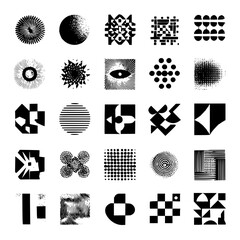 Collection of twenty five abstract black and white geometric shapes arranged in a grid pattern design