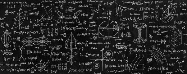 Wide black board with scientific formulas and calculations in physics and mathematics. Scientific and educational background.