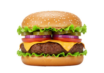 Freshly grilled classic cheeseburger with beef, cheese, lettuce, tomato and onion on a sesame seed bun, isolated.