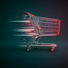 Dynamic digital art of a shopping cart in motion, conveying rapid online shopping and delivery services.