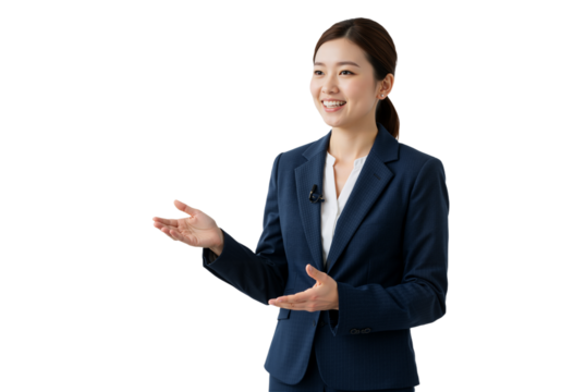 Confident Businesswoman Presenting,  Smiling and Gesturing