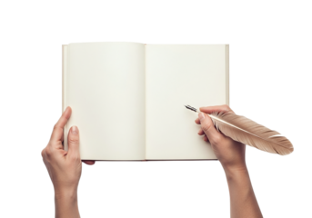 Photo of hands holding a blank open book with a feather pen ready to write a story or take notes isolated on transparent background