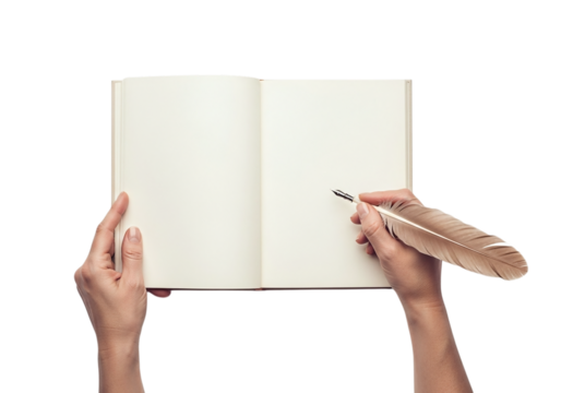 Photo of hands holding a blank open book with a feather pen ready to write a story or take notes isolated on transparent background