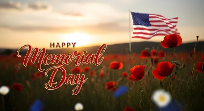 Memorial day celebration with american flag and poppies at sunset