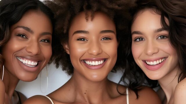 A close-up shot of three women of color, each with a different complexion and hairstyle, radiating joy with beaming smiles. They are all huddled close together and dressed in minimal attire.