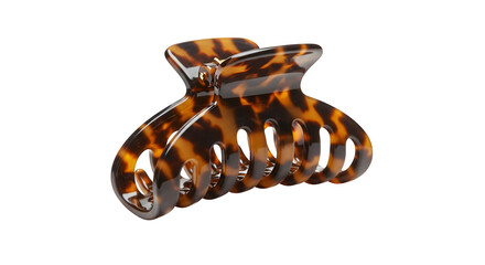 Brown tortoiseshell claw clip gleams on black. Styling accessory. Perfect for e-commerce, product...