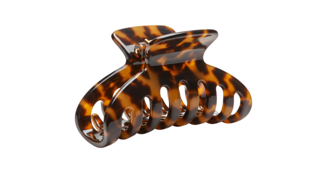 Brown tortoiseshell claw clip gleams on black. Styling accessory. Perfect for e-commerce, product catalogs, and fashion ads.